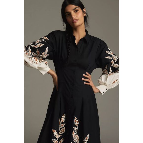 New  Anthropologie Long Sleeve Midi Embellished Shirt Dress Size M - Picture 2 of 11